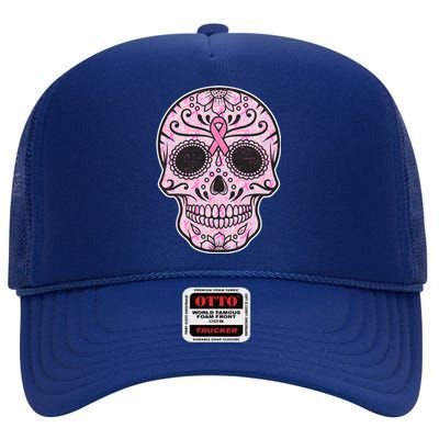 Breast Cancer Sugar Skull Day Of The Dead Dia De Los Muertos High Crown Mesh Back Trucker Hat