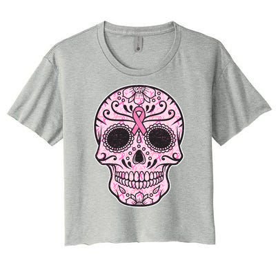 Breast Cancer Sugar Skull Day Of The Dead Dia De Los Muertos Women's Crop Top Tee