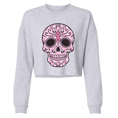 Breast Cancer Sugar Skull Day Of The Dead Dia De Los Muertos Cropped Pullover Crew