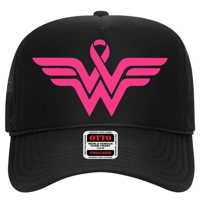 Breast Cancer Superhero Ribbon Logo High Crown Mesh Back Trucker Hat