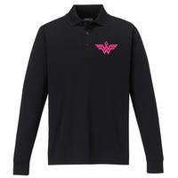 Breast Cancer Superhero Ribbon Logo Performance Long Sleeve Polo