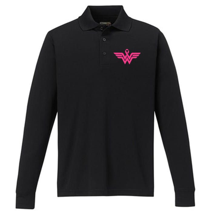 Breast Cancer Superhero Ribbon Logo Performance Long Sleeve Polo