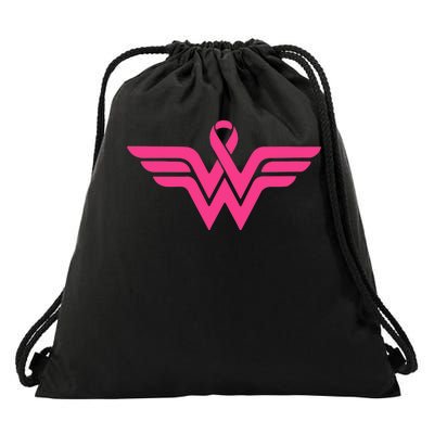 Breast Cancer Superhero Ribbon Logo Drawstring Bag