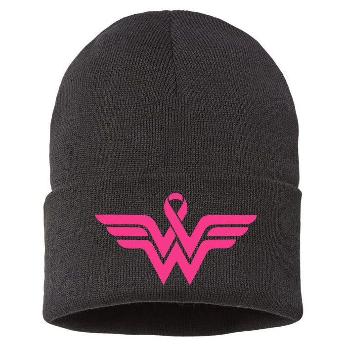 Breast Cancer Superhero Ribbon Logo Sustainable Knit Beanie