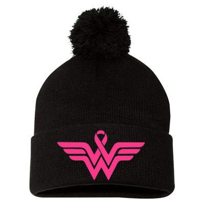 Breast Cancer Superhero Ribbon Logo Pom Pom 12in Knit Beanie