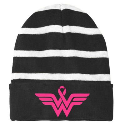 Breast Cancer Superhero Ribbon Logo Striped Beanie with Solid Band