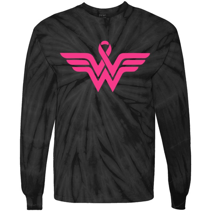 Breast Cancer Superhero Ribbon Logo Tie-Dye Long Sleeve Shirt