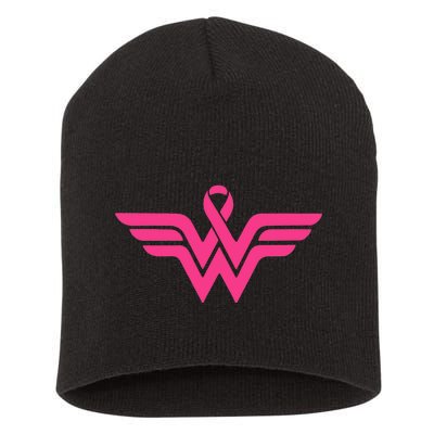 Breast Cancer Superhero Ribbon Logo Short Acrylic Beanie