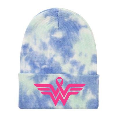 Breast Cancer Superhero Ribbon Logo Tie Dye 12in Knit Beanie