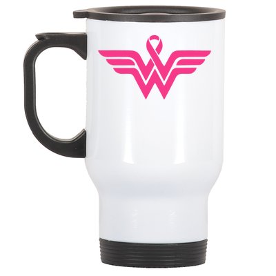 Breast Cancer Superhero Ribbon Logo Stainless Steel Travel Mug