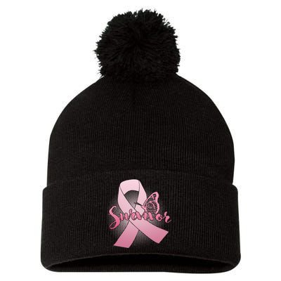 Breast Cancer Survivor Butterfly Pom Pom 12in Knit Beanie