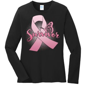 Breast Cancer Survivor Butterfly Ladies Long Sleeve Shirt