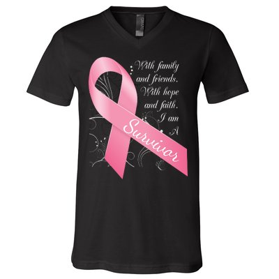 Breast Cancer Survivor Family Friends Hope Faith V-Neck T-Shirt