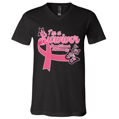 Breast Cancer Survivor Fighter Warrior Butterflies V-Neck T-Shirt
