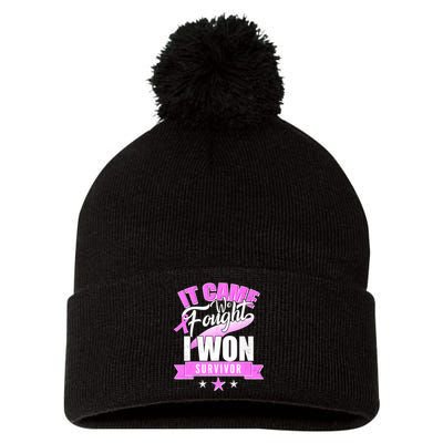 Breast Cancer Survivor It Came We Fought I Won Pom Pom 12in Knit Beanie