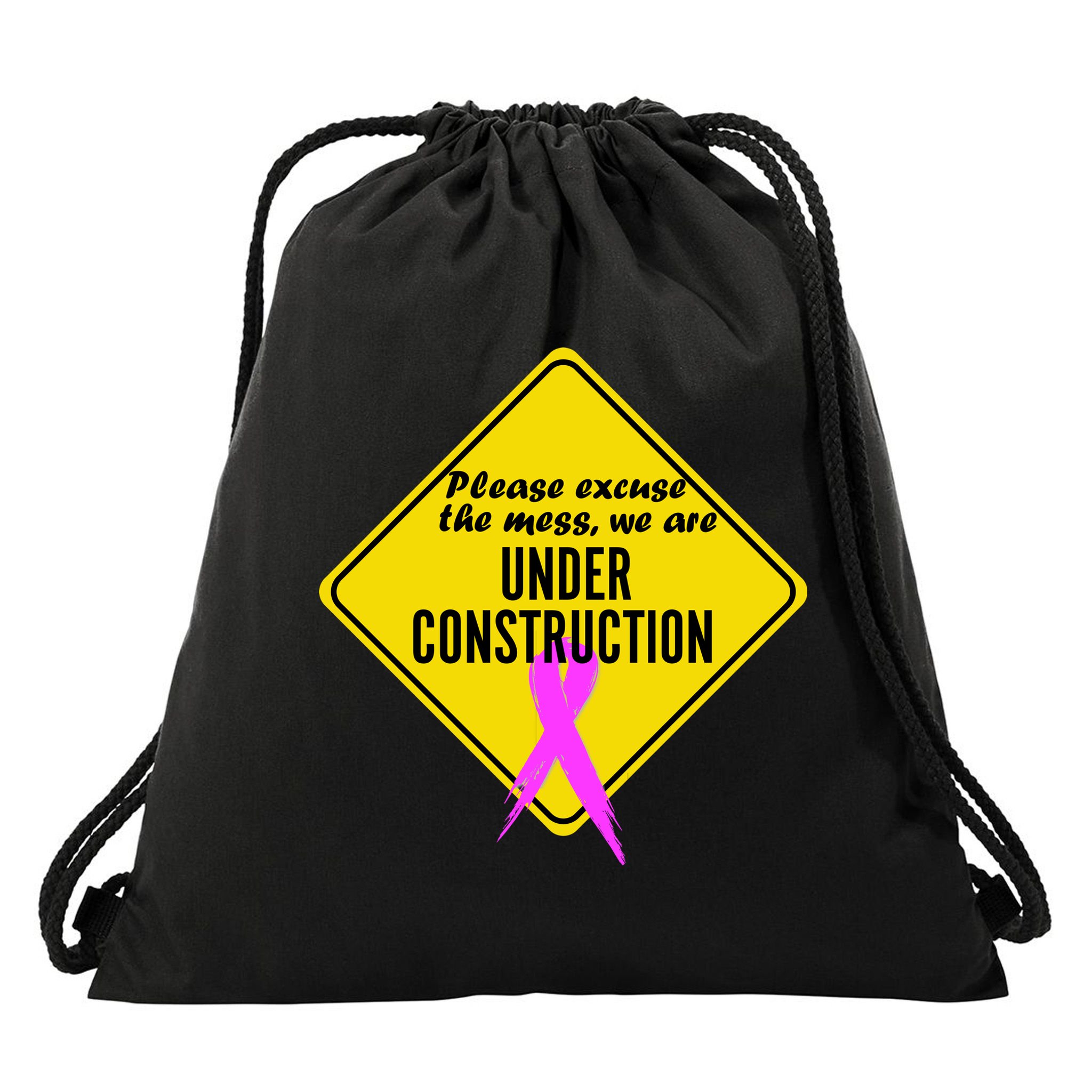 Breast Cancer Under Construction Sign Drawstring Bag