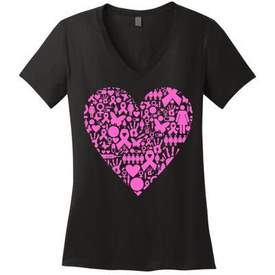 Breast Cancer Unity Heart Mash Up Women's V-Neck T-Shirt