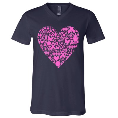 Breast Cancer Unity Heart Mash Up V-Neck T-Shirt