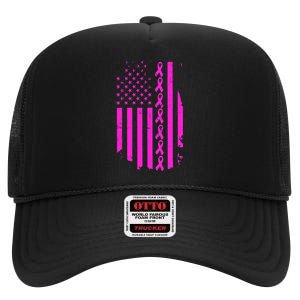 Breast Cancer USA Ribbon Flag High Crown Mesh Back Trucker Hat