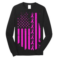 Breast Cancer USA Ribbon Flag Long Sleeve Shirt