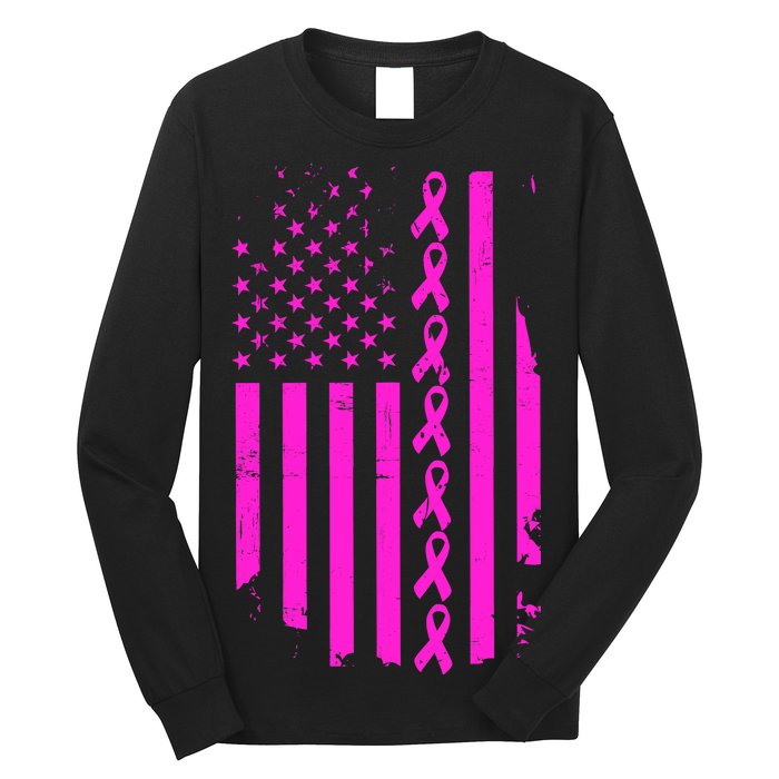 Breast Cancer USA Ribbon Flag Long Sleeve Shirt