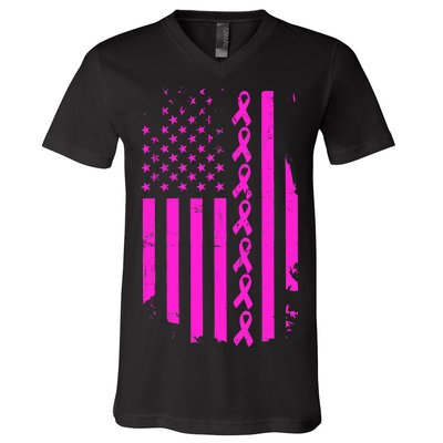 Breast Cancer USA Ribbon Flag V-Neck T-Shirt