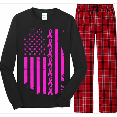 Breast Cancer USA Ribbon Flag Long Sleeve Pajama Set