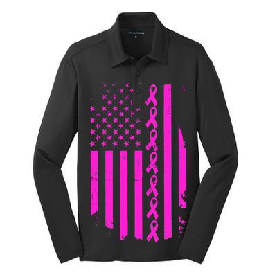 Breast Cancer USA Ribbon Flag Silk Touch Performance Long Sleeve Polo