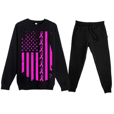 Breast Cancer USA Ribbon Flag Premium Crewneck Sweatsuit Set