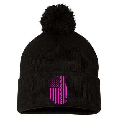 Breast Cancer USA Ribbon Flag Pom Pom 12in Knit Beanie