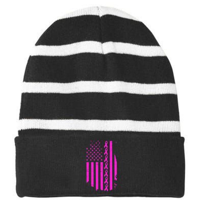 Breast Cancer USA Ribbon Flag Striped Beanie with Solid Band