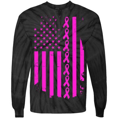 Breast Cancer USA Ribbon Flag Tie-Dye Long Sleeve Shirt