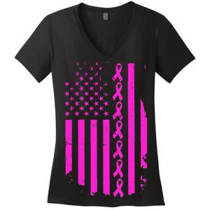 Breast Cancer USA Ribbon Flag Women's V-Neck T-Shirt