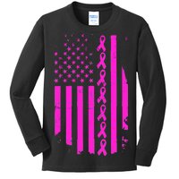 Breast Cancer USA Ribbon Flag Kids Long Sleeve Shirt