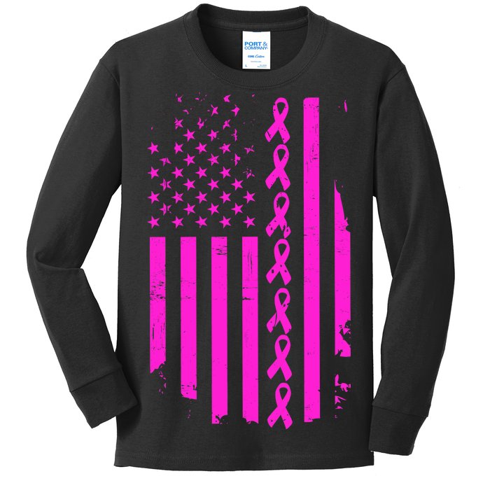 Breast Cancer USA Ribbon Flag Kids Long Sleeve Shirt