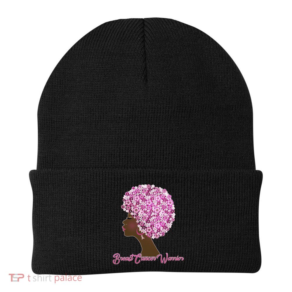 Breast Cancer Warrior Flower Afro Knit Cap Winter Beanie