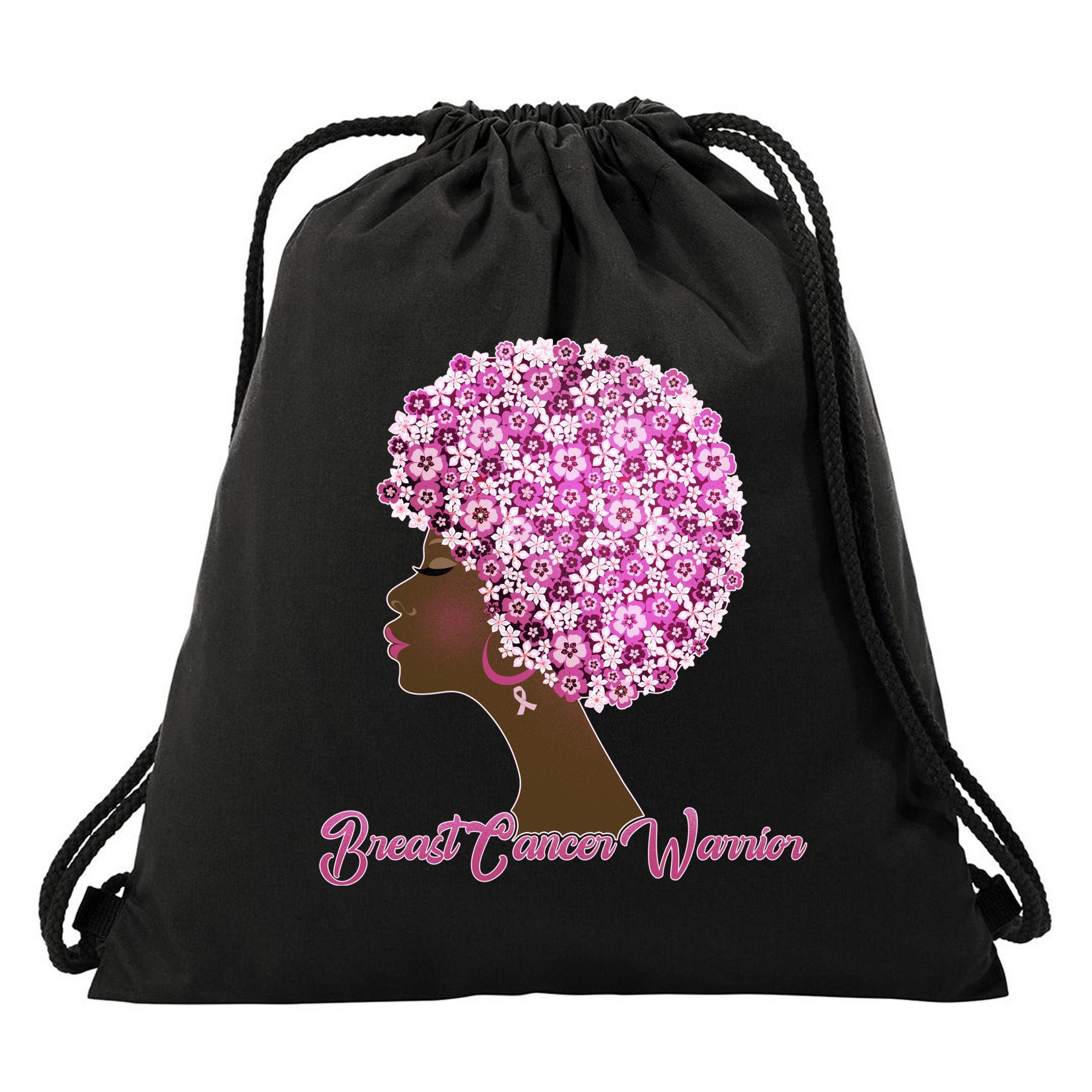 Breast Cancer Warrior Flower Afro Drawstring Bag