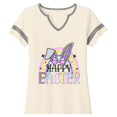 Bunny Rabbit Face Easter Day Rainbow Easter Ladies Halftime Notch Neck Tee