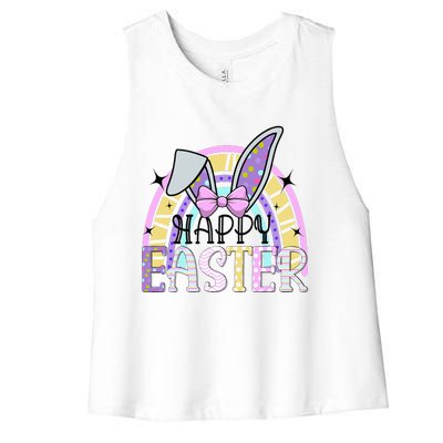 Bunny Rabbit Face Easter Day Rainbow Easter Women's Racerback Cropped Tank