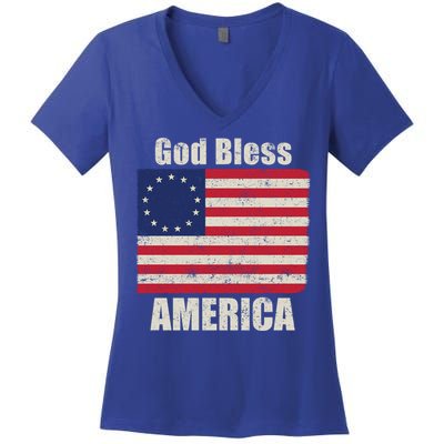 Betsy Ross Flag 1776 Revolutionary War God Bless America Funny Gift Women's V-Neck T-Shirt