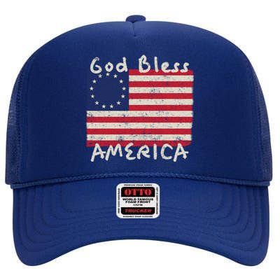 Betsy Ross Flag 13 Colonies God Bless America Gift High Crown Mesh Back Trucker Hat