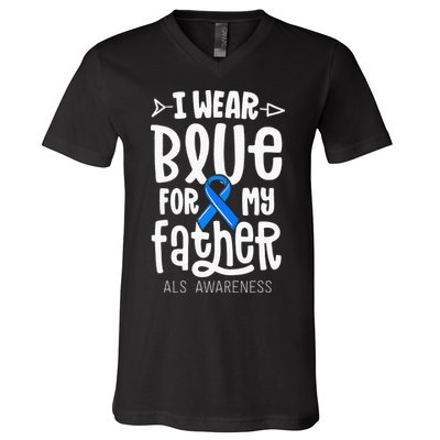 Blue Ribbon For Father Dad ALS Awareness Family Cure V-Neck T-Shirt