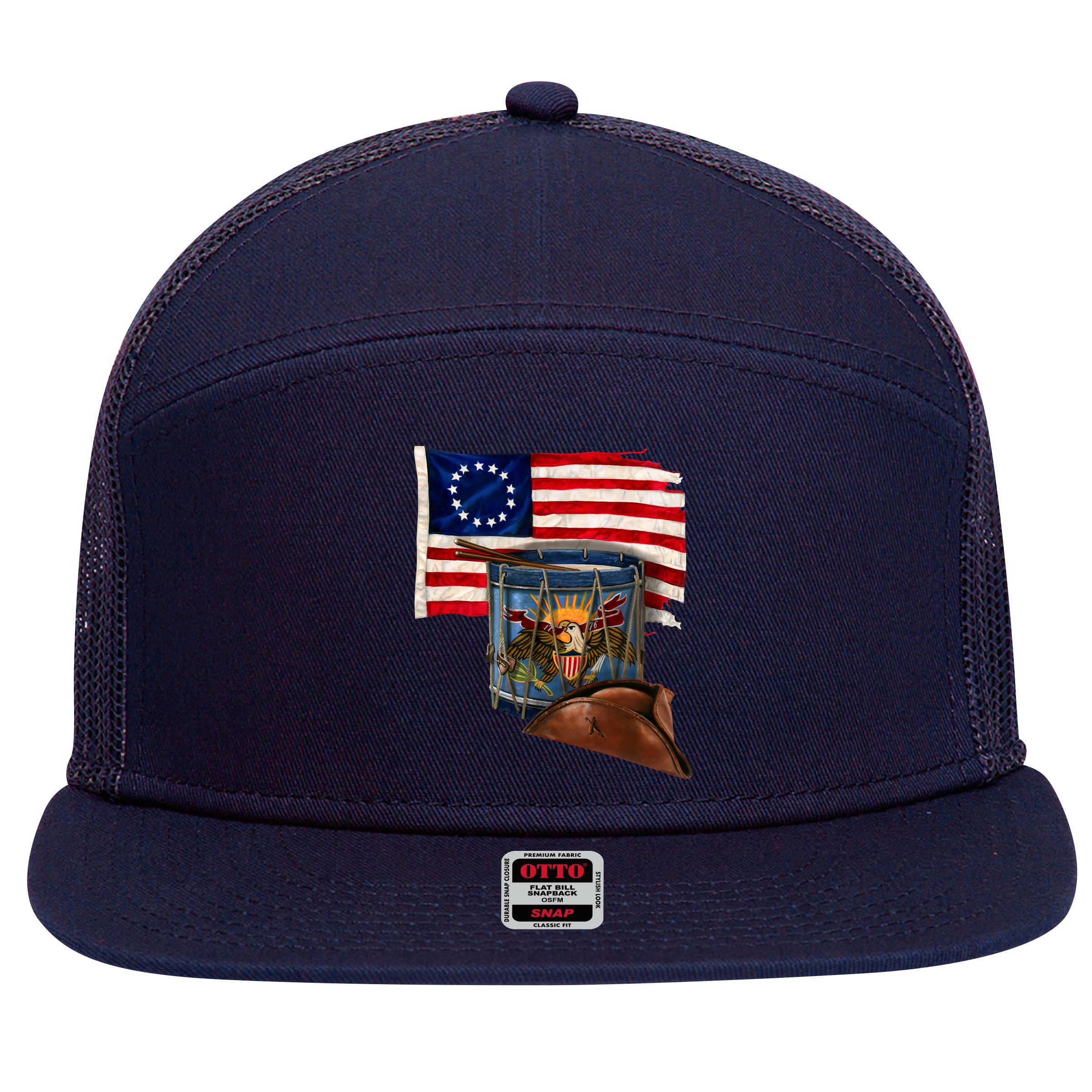Betsy Ross Flag Patriot Drum 7 Panel Mesh Trucker Snapback Hat