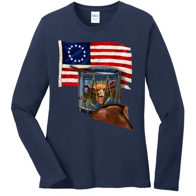 Betsy Ross Flag Patriot Drum Ladies Long Sleeve Shirt