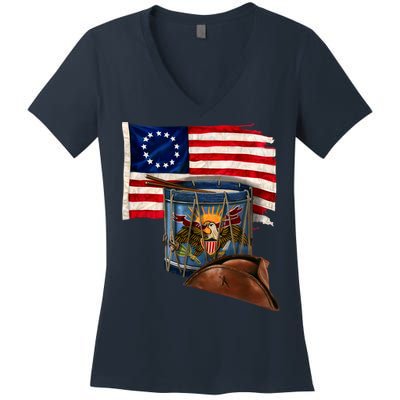 Betsy Ross Flag Patriot Drum Women's V-Neck T-Shirt