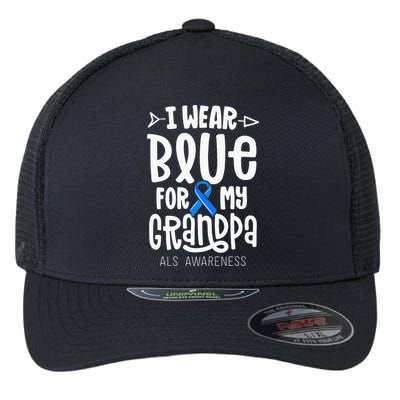 Blue Ribbon For Grandpa Disease ALS Awareness Family Cure Flexfit Unipanel Trucker Cap