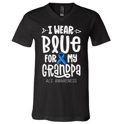 Blue Ribbon For Grandpa Disease ALS Awareness Family Cure V-Neck T-Shirt