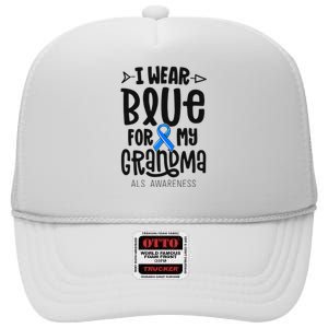 Blue Ribbon For Grandma Disease ALS Awareness Family Cure High Crown Mesh Back Trucker Hat