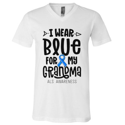 Blue Ribbon For Grandma Disease ALS Awareness Family Cure V-Neck T-Shirt