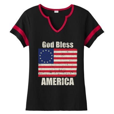 Betsy Ross Flag 1776 Revolutionary War God Bless America Gift Ladies Halftime Notch Neck Tee